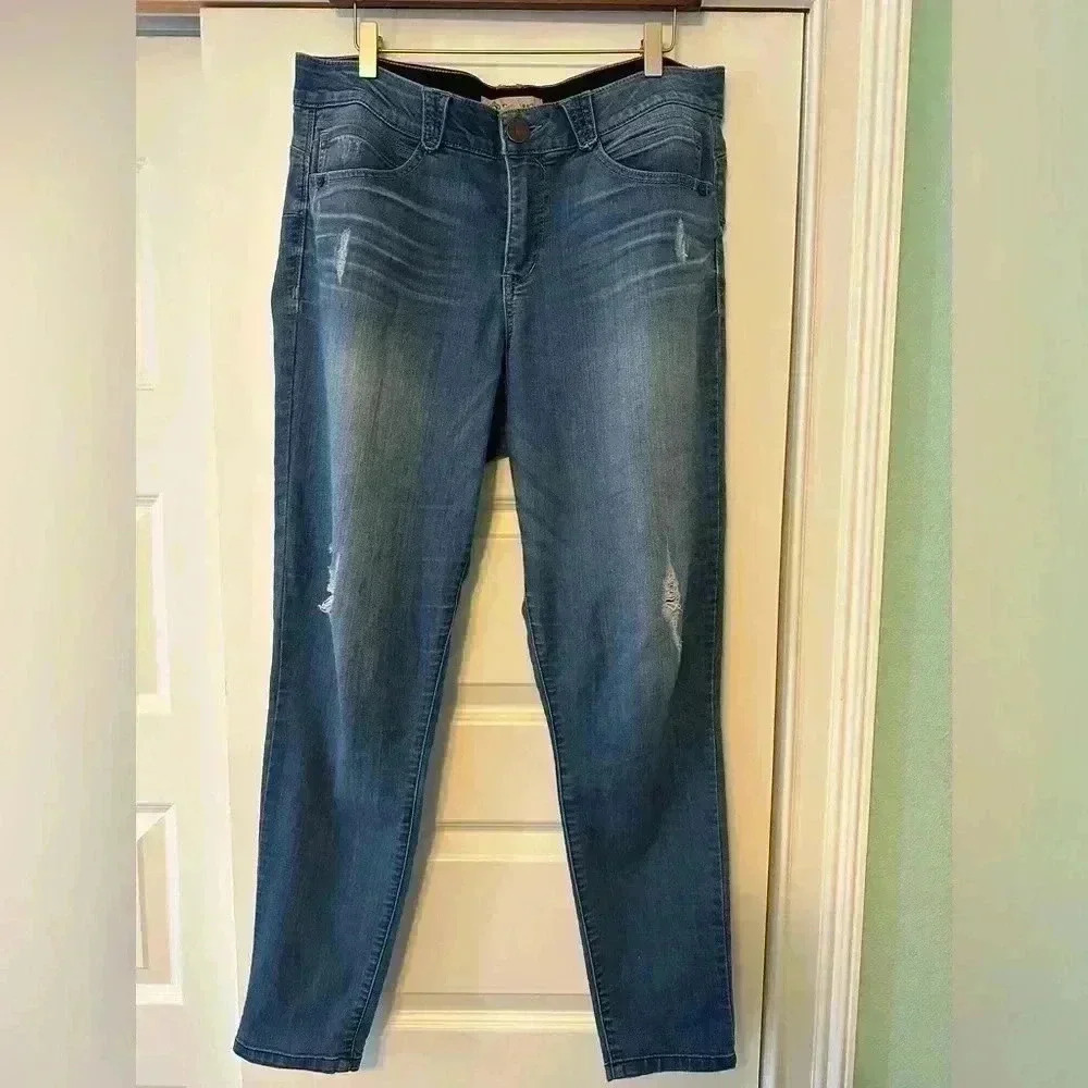 Democracy Jeans Women’s 14 Absolution Skinny Distressed Stone Wash Blue Stretch